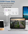 Kick Outlet Chaos With This Slick Smart Surge Protector Featuring Four Independently Controlled Ac Outlets Plus Four Fast Usb Ports And Matter Sync For Seamless Alexa And Google Control Over A Tough Five Foot Extension Cable For Daily Gear with a laptop and smartphone on desk.