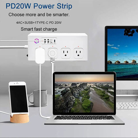 Kick Outlet Chaos With This Slick Smart Surge Protector Featuring Four Independently Controlled Ac Outlets Plus Four Fast Usb Ports And Matter Sync For Seamless Alexa And Google Control Over A Tough Five Foot Extension Cable For Daily Gear with a laptop and smartphone on desk.