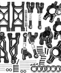 Aluminum RC Suspension Arm and Steering Block Rear Hub Upgrade for 1 Sixteenth Mojave GROM DSC 4X4 RTR CNC Machined Precision Multicolor Anodized Finish Heavy Duty Aluminum Upgrade for Mojave GROM 223S 2104 Models Black, showing all components.