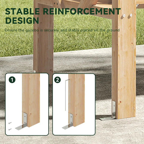 Close-up of cedar wood pergola swing bench leg with metal base support for Cedar Wood Outdoor Pergola Swing Bench With Stand And Canopy Three Seat Patio Hammock Swing Set With Durable Metal Chains For Backyard Garden Comfort Sturdy Porch Swing.
