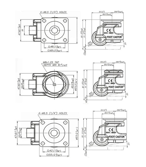 Technical drawing of Hardcore Heavy Duty Leveling Casters Four Pack Industrial Support Roller Wheels with adjustable threaded base.