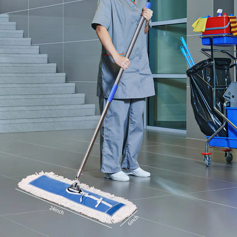 Heavy Duty Cotton Dust Mop Heads 2 Pack 24 Inch Lint Free Loop End Machine Washable Floor Cleaners being used on commercial floor.