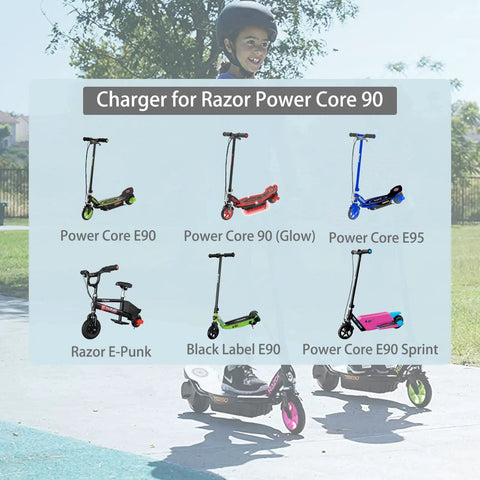 Diagram of 12V Replacement Charger For Power Core 90 And E90 E95 Electric Scooters And Kids Ride Ons, showcasing scooter models.