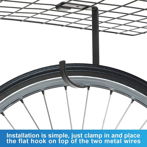 Close-up of bike wheel hanging from 12 Pack Garage Storage Hooks With Screws For Ceiling Racks on metal rack