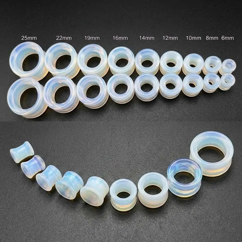 Opalite Organic Stone Hollow Tunnel Ear Gauges Set In White Dope Double Saddle Beveled Center Flesh Plugs, Hollow Earlobe Tunnels, Sold In Pairs, 10mm To 00 Gauge