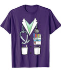 Funny Doctor Costume White Lab Coat Tee For Men Women And Kids Halloween Outfit With Laughworthy White Coat Vibe Medical School Humor Shirt For Future Doctors with stethoscope graphic on purple shirt
