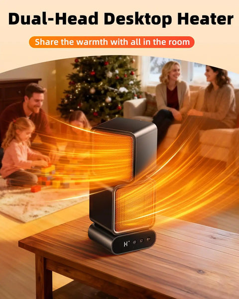 Dual Head Space Heater With Remote For Fast Cozy Heat Portable Indoor Electric Heater on table emitting warm air.