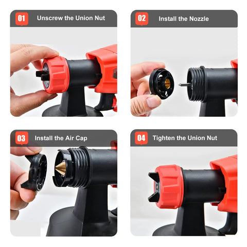 Step-by-step assembly of Electric Paint Sprayer 1300ml Capacity With 550W Motor Turbo Fan 4 Copper Nozzles And 3 Spray Patterns HVLP Gun