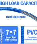 Close-up of blue PVC-coated 4ft steel security cable with 7x7 wire braiding for locks, focus on weatherproof features.