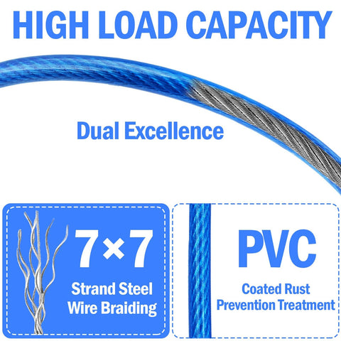 Close-up of blue PVC-coated 4ft steel security cable with 7x7 wire braiding for locks, focus on weatherproof features.