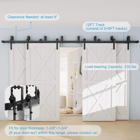 Installed Bypass Sliding Barn Door Hardware Kit For Four Doors Double Track 12 Foot Rail System With junction plates visible