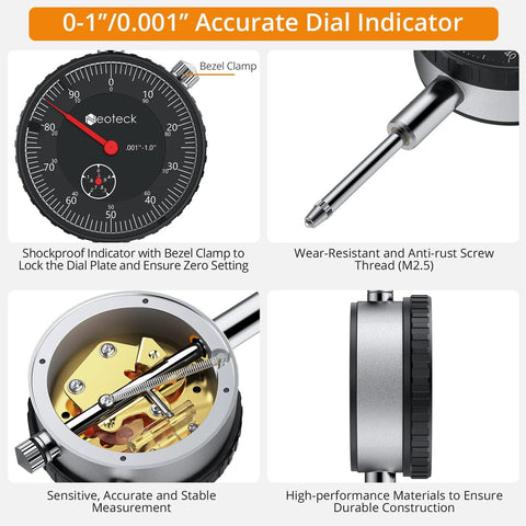 Neoteck dial indicator brake rotor gauge set; black metal with 13.77 in arm and 7 in locking plier, 0-1/0.001 in readout