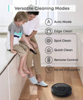 Ultra Slim Robot Vacuum With Dope Suction Quiet Clean Self-Charging Dock cleans hardwood floors with child using remote control