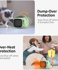 Green Fast Heating Desk Space Heater With Adjustable Thermostat, 800W/500W Ceramic Heating Fan on table with safety features.