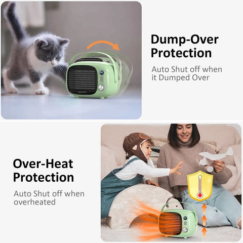 Green Fast Heating Desk Space Heater With Adjustable Thermostat, 800W/500W Ceramic Heating Fan on table with safety features.