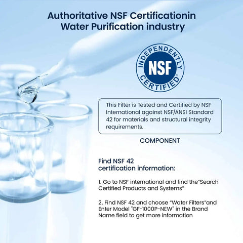 LT1000PC Replacement Water Filter for Your Fridge NSF42 certified illustration with test tubes and certification details.