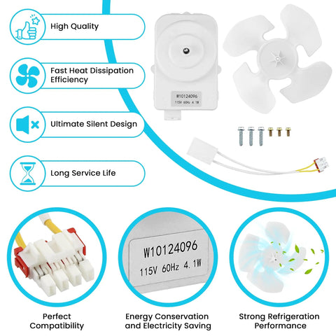 Condenser Fan Motor Kit For Refrigerator Replacement Includes W10130108 Motor ABS Blade All The Right Stuff Parts Replaces OEM 2188538 2188727 W10124096 Compatible With Whirlpool KitchenAid Kenmore Fetechmate showing motor, screws, and blade details