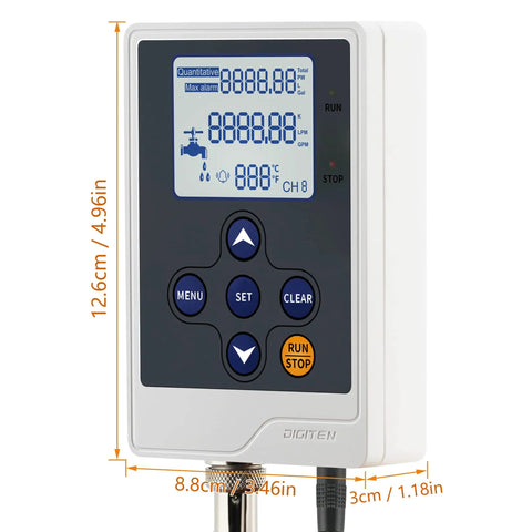 Water Flow Control Kit With LCD Display, G1 Flow Sensor, G1 Solenoid Valve, And 12V Power, showing LCD with buttons and measurements