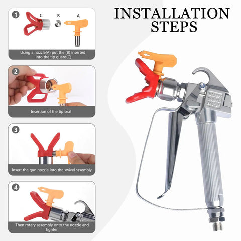 Installation steps of Pro Grade High Pressure Airless Paint Spray Gun 3600 PSI With 517 Nozzle Tip, showing assembly process.