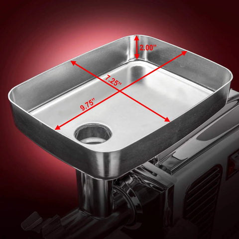 STX Turboforce II Electric Meat Grinder With Foot Pedal And Six Plates stainless steel tray 9.75" x 7.25", designed for easy meat preparation.