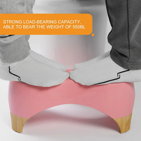Two pairs of socked feet on a pink bamboo 7 Inch Toilet Stool for Adults and Kids, Squatting Poop Stool With Non Slip Mat