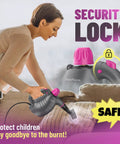 Toss Out Old Dirt Fast With This Powerpacked Handheld Steam Cleaner Boasting 10 Handy Attachments, featuring a safety lock in use.