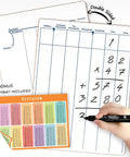 Dry Erase Division And Place Value Whiteboards 9x12 Inch Double Sided Lapboards For Kids And Students Classroom And Home Math Practice Durable Erasable Whiteboards For Long Division, showing division and place value sides with a bonus chart and hand writing.