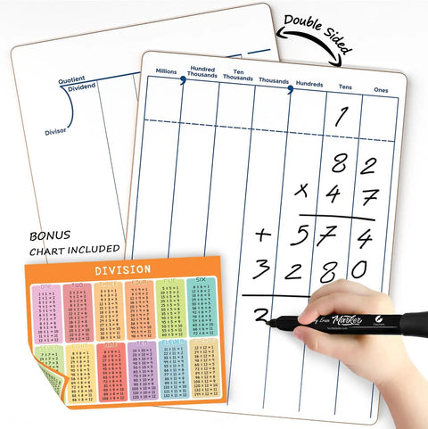 Dry Erase Division And Place Value Whiteboards 9x12 Inch Double Sided Lapboards For Kids And Students Classroom And Home Math Practice Durable Erasable Whiteboards For Long Division, showing division and place value sides with a bonus chart and hand writing.