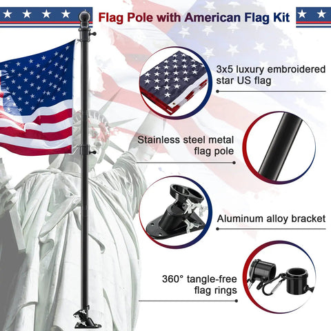 Five Foot Heavy Duty Outdoor Flag Pole Kit With 3x5 Embroidered US Flag No Hassle Tangle Free Rings Stainless Steel Pole