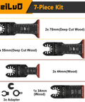 Rip Through Heavy Duty Deep Reach Oscillating Tool Blades For Woodwork, 7-piece kit image showing various blade sizes and adapters.