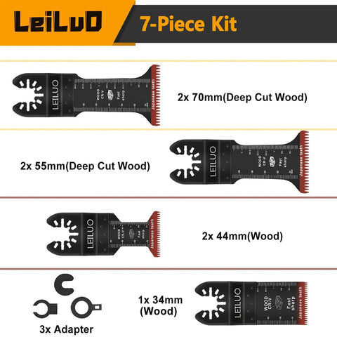 Rip Through Heavy Duty Deep Reach Oscillating Tool Blades For Woodwork, 7-piece kit image showing various blade sizes and adapters.