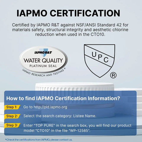 IAPMO Certification details for 1 Micron 10 Inch By 2 Point 5 Inch Whole House CTO Carbon Water Filter Cartridge Replacement For Home Filtration Systems 4 Pack Reduces Chlorine Up To 99 Percent Plus Sand Rust Sediment And Color BPA Free Food Grade Materials