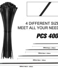 Heavy Duty 400 Pack Assorted Black Cable Ties Kit, 4 Inch, 6 Inch, 8 Inch, 12 Inch Nylon Self Locking Wire Ties