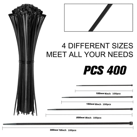 Heavy Duty 400 Pack Assorted Black Cable Ties Kit, 4 Inch, 6 Inch, 8 Inch, 12 Inch Nylon Self Locking Wire Ties