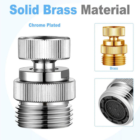 Brass Faucet To Hose Adapter With Aerator And Swivel Three Quarter Inch Female To Three Quarter Inch Male Hose Thread Garden Hose Connector For Easy Hook Up In Kitchen And Bathroom Sink Chrome Finish showing solid brass material and aerator view