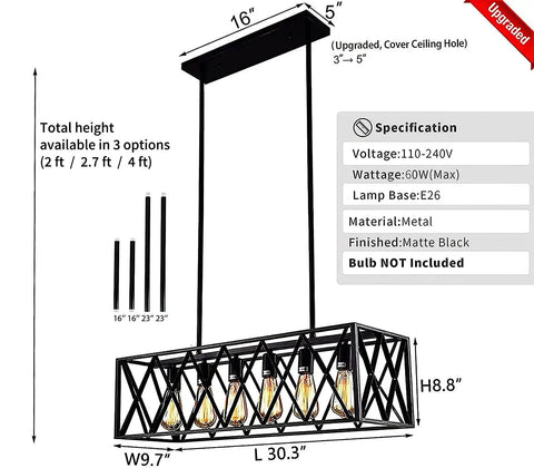 Rectangular Industrial Chandelier For Dining Room With Six E26 Lights, Black Metal Frame And Grille, Farmhouse Style Dimensions