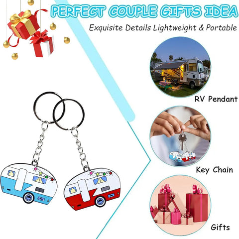 Image showcasing Double Sided RV Camper Keychain Set 2 Pack Retro Travel Trailer Metal Key Rings for women and men.