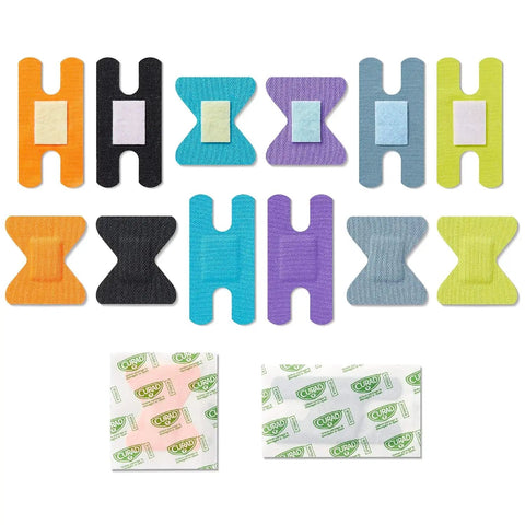 The Real Deal Fingertip And Knuckle Bandages With Extreme Hold Adhesive in various colors and sizes, showcasing durable fabric and adhesive.