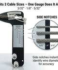 Ultimate Sailboat Rigging Tension Gauge For Quick Cable Checks, 0 To 800 Lb Range, Compatible With 3/32, 1/8, And 5/32 Inch Wire Rope, Hands Off Tension Tester For Standing Rigging, Tighten With Confidence. Black PT-1 gauge with side notches for 3/32, 1/8, 5/32 wire rope