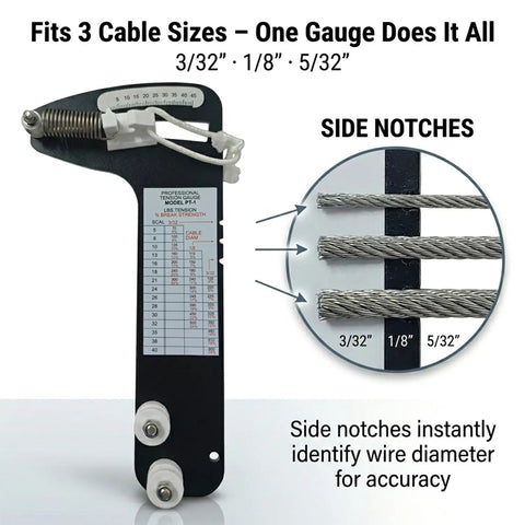 Ultimate Sailboat Rigging Tension Gauge For Quick Cable Checks, 0 To 800 Lb Range, Compatible With 3/32, 1/8, And 5/32 Inch Wire Rope, Hands Off Tension Tester For Standing Rigging, Tighten With Confidence. Black PT-1 gauge with side notches for 3/32, 1/8, 5/32 wire rope