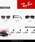 XX-Large Oversized Square Black Sunnies With Polarized Grey Chromance Lenses For Wide Faces 61mm Lens Width 141mm Hinge To Hinge UV Protection And All Day Comfort, showcasing front and side views with branded packaging.