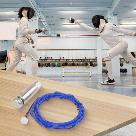 Wire And Point Tip Set For Fencing Epee Repair with High Conductivity Metal Wire displayed with fencers in background