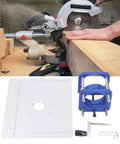 Heavy Duty Aluminum Router Table Insert Plate With 0 To 54 Mm Lift Kit For Standard Woodworking Routers shown with cutting tools.