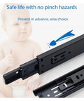 Side Mount Ball Bearing Drawer Slides 12 Inch Black 2 Pack, Smooth Silent Opening, shown with safety features and child