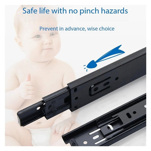 Side Mount Ball Bearing Drawer Slides 12 Inch Black 2 Pack, Smooth Silent Opening, shown with safety features and child