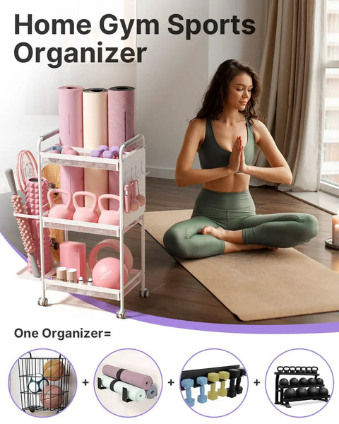 3 Tier Gym Storage Rack For Home Gym Multi Functional Weight Rack Dumbbell Rack Yoga Mat Holder With Side Basket And 6 Hooks