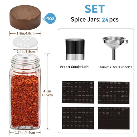 Glass Spice Jars Set 24 Pack Four Ounce Square Containers With Airtight Wood Lids And Shaker Pepper Grinder Stainless Funnel Waterproof Labels And Blank Labels Empty Spice Organizer For Kitchen Rack Drawer Cabinet