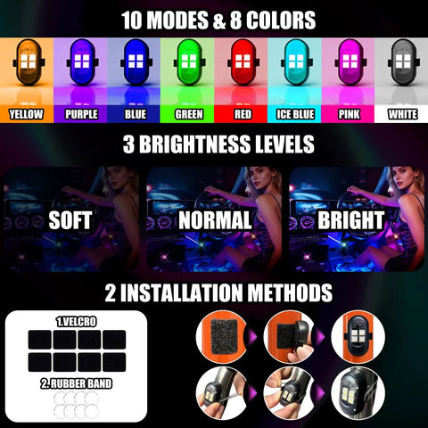 Rechargeable Interior Car LED Lights Kit With 8 Color Modes Easy Install Wireless Operation Remote Control Adjustable Brightness