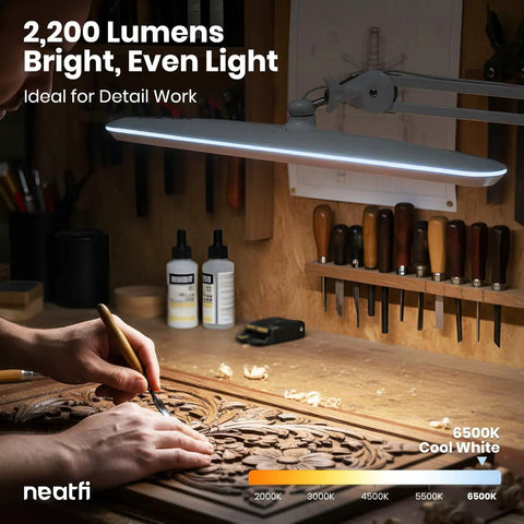 Monster Bright Desk Light With 2200 Lumens Of Crisp 6500K Daylight Glare Free illuminating wood carving workspace.