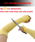 Tough As Nails Double Ply Kevlar Arm Sleeves Cut And Heat Resistant Ergonomic Knit Fit With Thumb Slots Perfect For Welding Mechanics Gardeners 18 Inch Yellow Includes 2 Pair Bundle with knife demonstration.